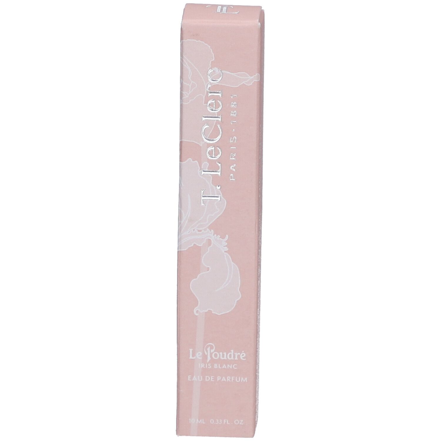 Boîte rose avec motif floral blanc. Texte: T. LeClerc, Le Poudré, Eau de Parfum Iris Blanc.