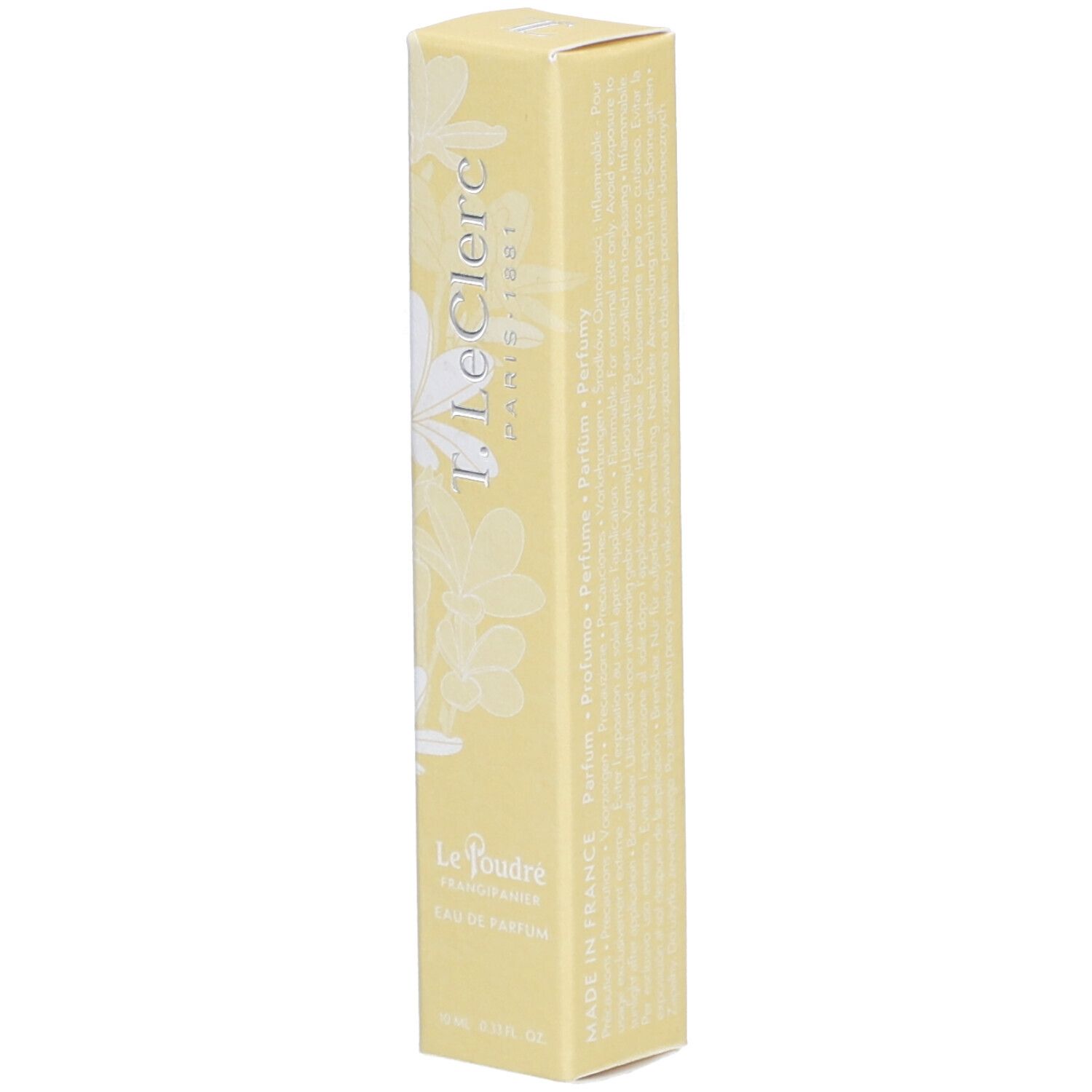 Boîte jaune avec motif floral et nom du produit. Texte : T. LeClerc, Le Poudré, Eau de Parfum Frangipanier.