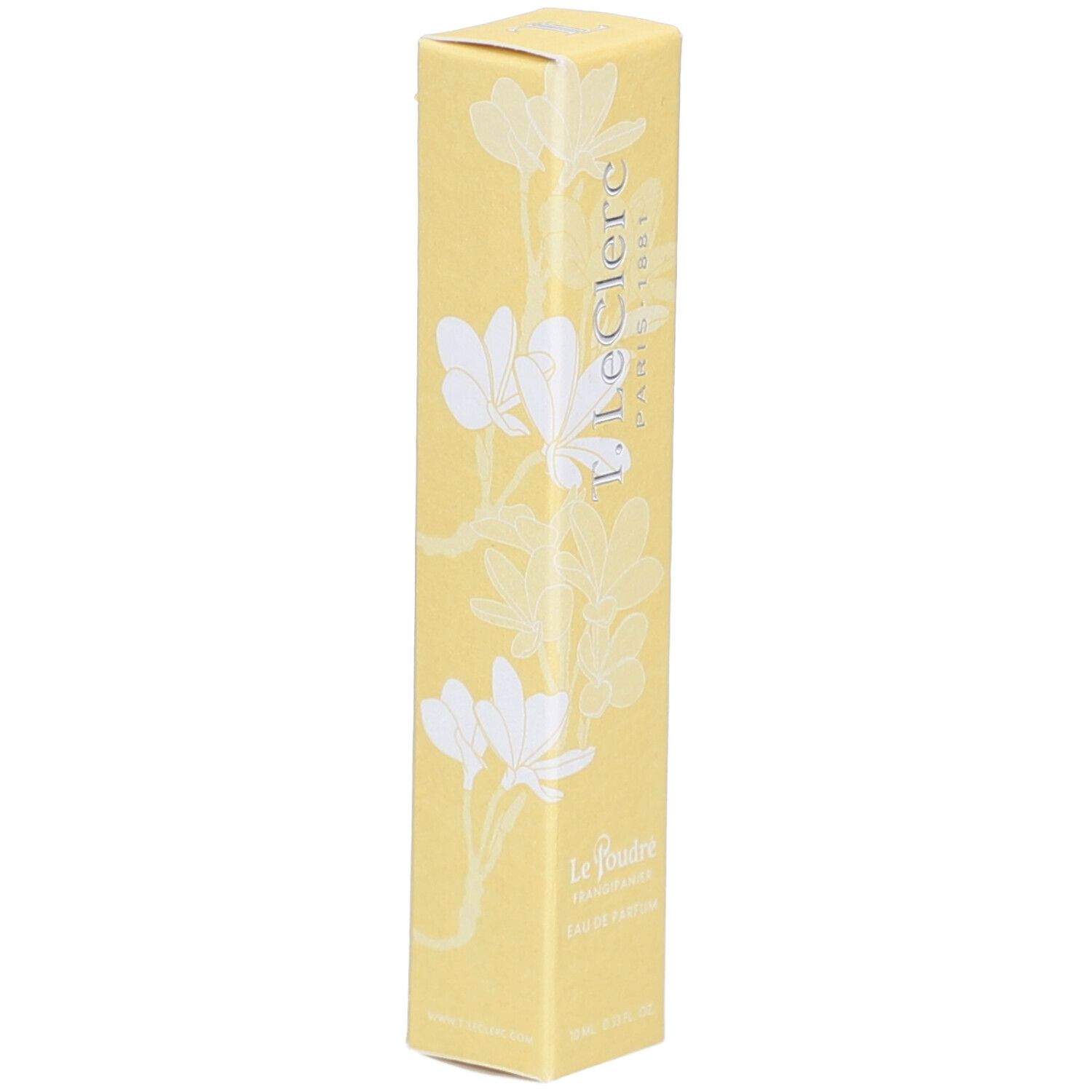 Boîte jaune avec motif floral. Texte : T. LeClerc, Le Poudré, Eau de Parfum Frangipanier.