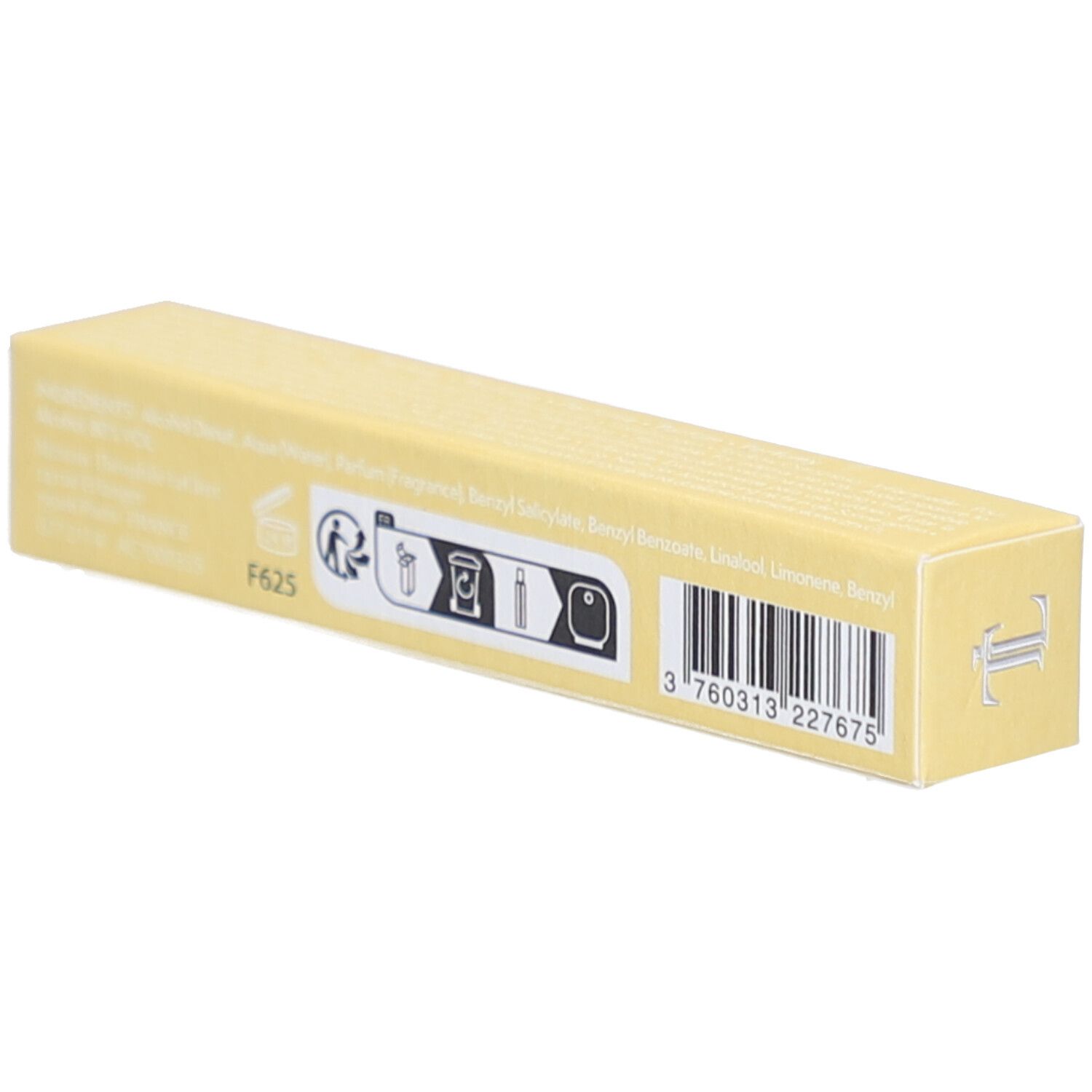 Dos de la boîte jaune. Code-barres et pictogrammes. Texte : Ingrédients, origine, F625.