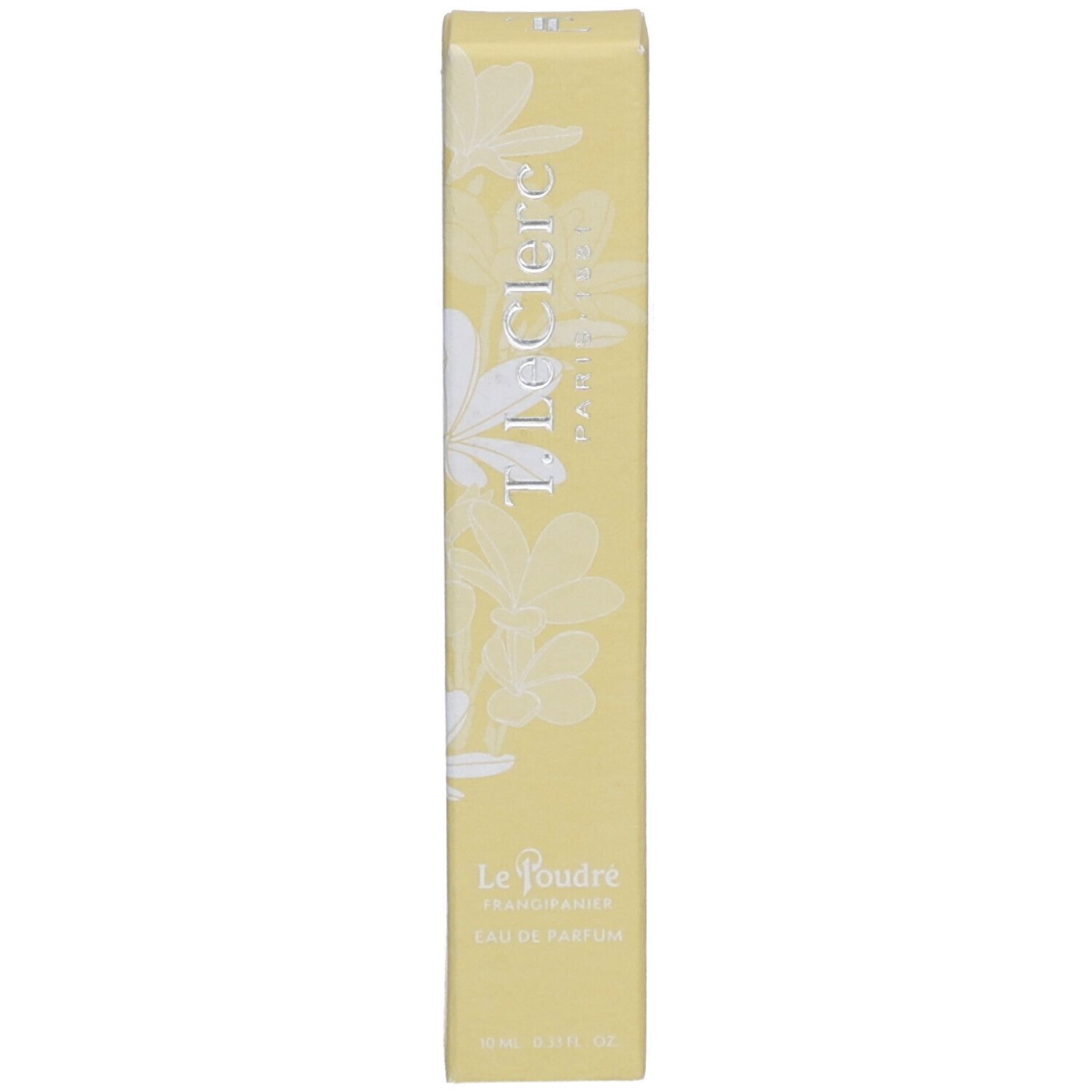 Boîte jaune avec motif floral et nom du produit. Texte : T. LeClerc, Le Poudré, Eau de Parfum Frangipanier.