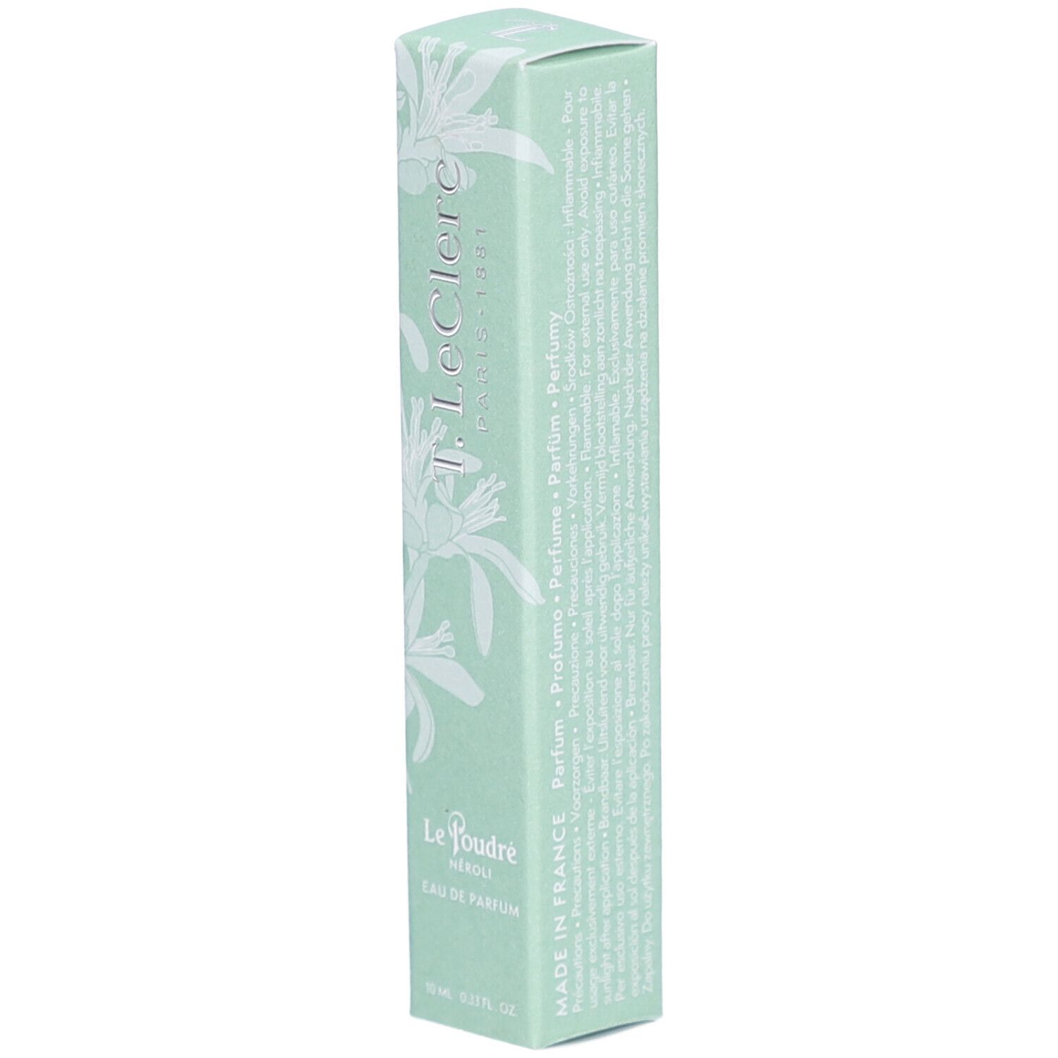 Boîte vert clair. Inscription: T. LeClerc, Le Poudré, Eau de Parfum Néroli. Motif floral. 10 ml.