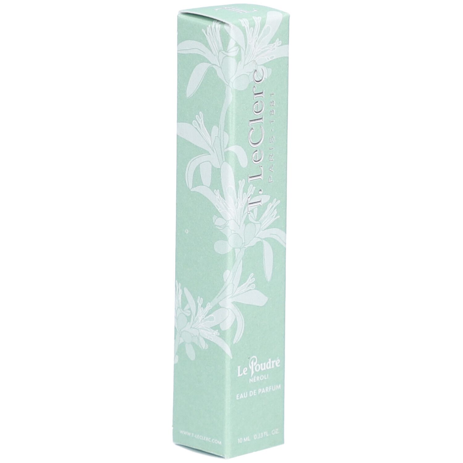 Boîte vert clair. Inscription: T. LeClerc, Le Poudré, Eau de Parfum Néroli. Motif floral.