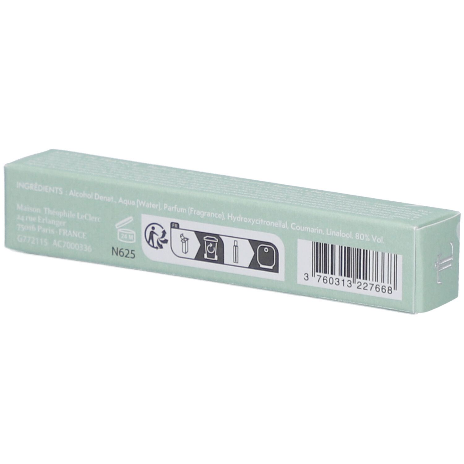 Boîte vert clair. Dos avec ingrédients, pictogrammes et code-barres. Texte.