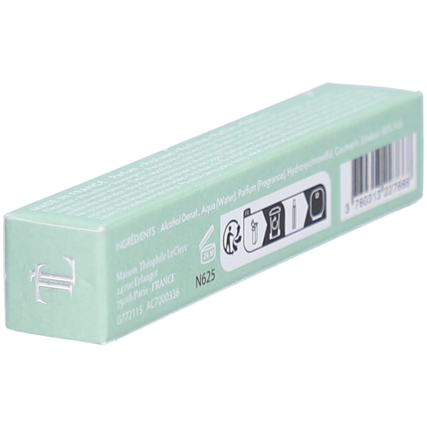 Boîte vert clair. Dos avec ingrédients et pictogrammes. Texte.