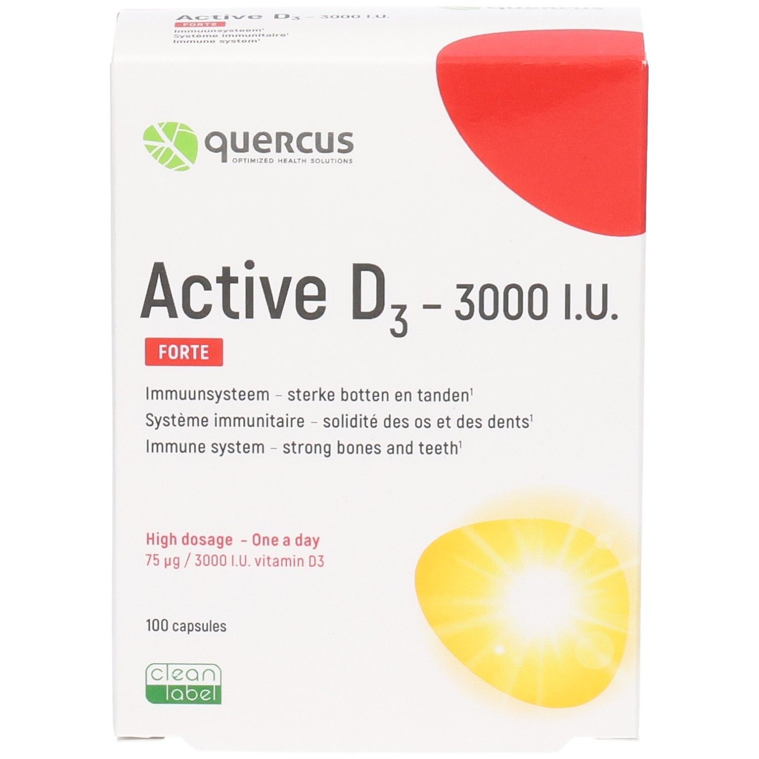 Boîte blanche avec accent rouge. Inscription: Active D3 - 3000 I.U. Forte. Contient 100 gélules. Marque: Quercus.