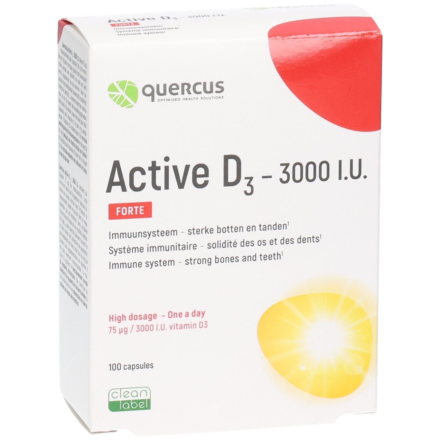 Boîte blanche avec accent rouge. Inscription: Active D3 - 3000 I.U. Forte. Contient 100 gélules. Marque: Quercus.
