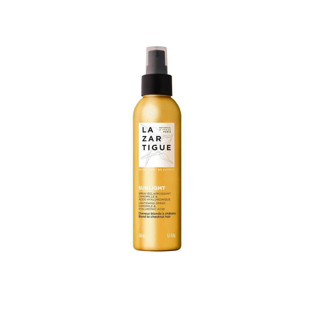 Flacon spray doré avec bouchon noir. Contient Lazartigue Sunlight Spray.