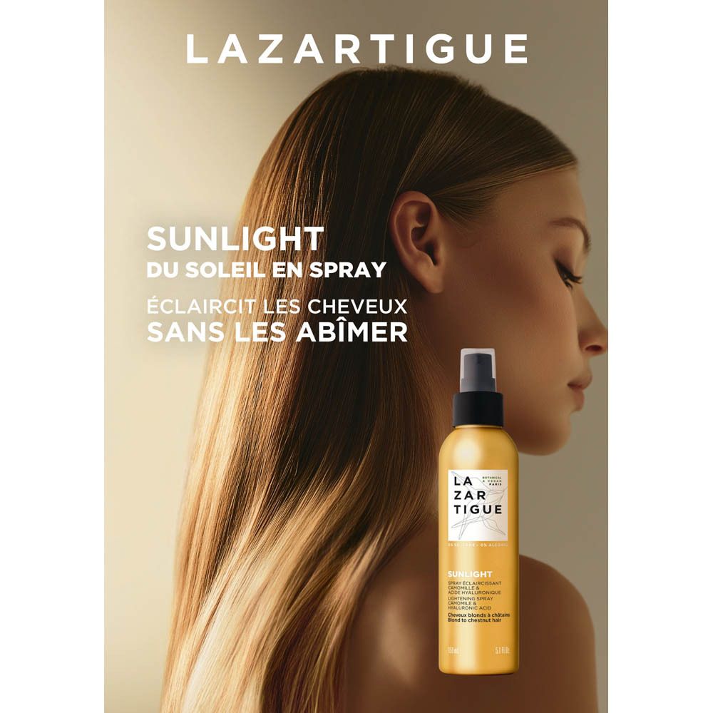 Flacon spray doré avec bouchon noir. Contient Lazartigue Sunlight Spray.