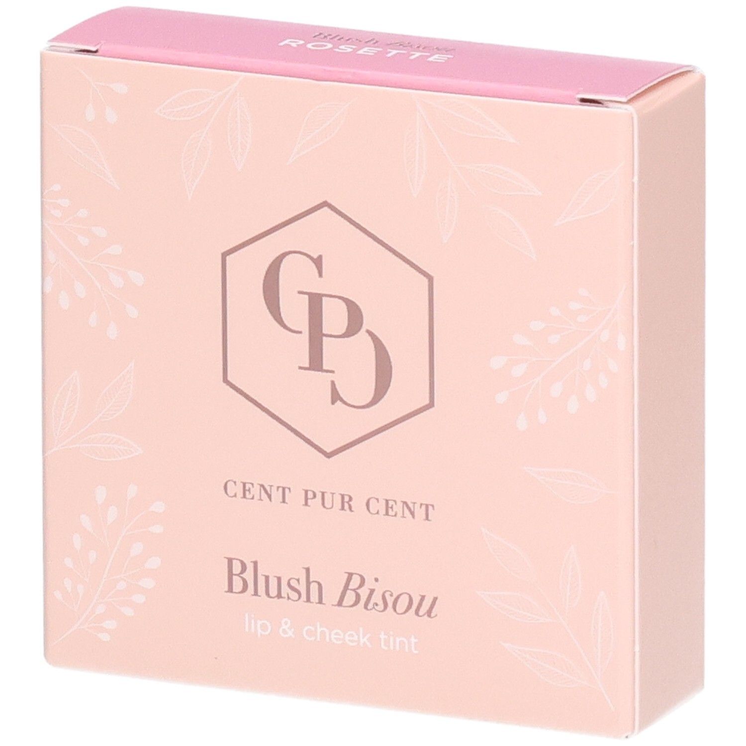 Cent Pur Cent Blush Bisou, teinte pour lèvres et joues, emballage rose à motifs de feuilles.