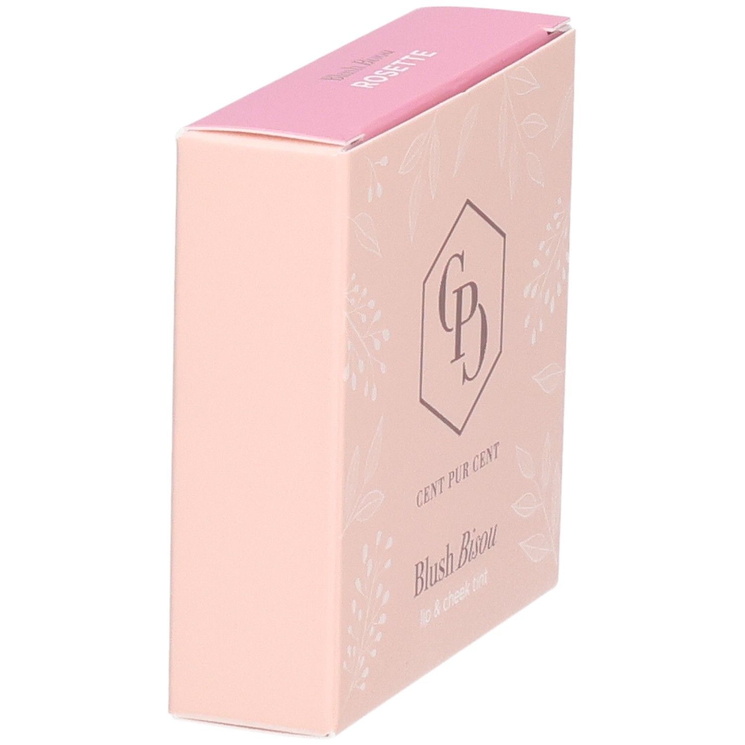 Cent Pur Cent Blush Bisou, teinte pour lèvres et joues, emballage rose à motifs de feuilles, vue latérale.