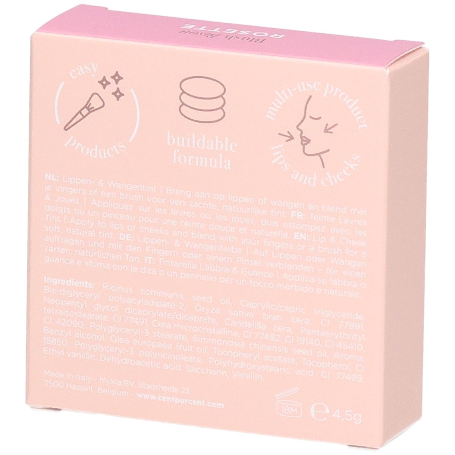 Emballage Cent Pur Cent Blush Bisou, dos avec icônes d'application et ingrédients.