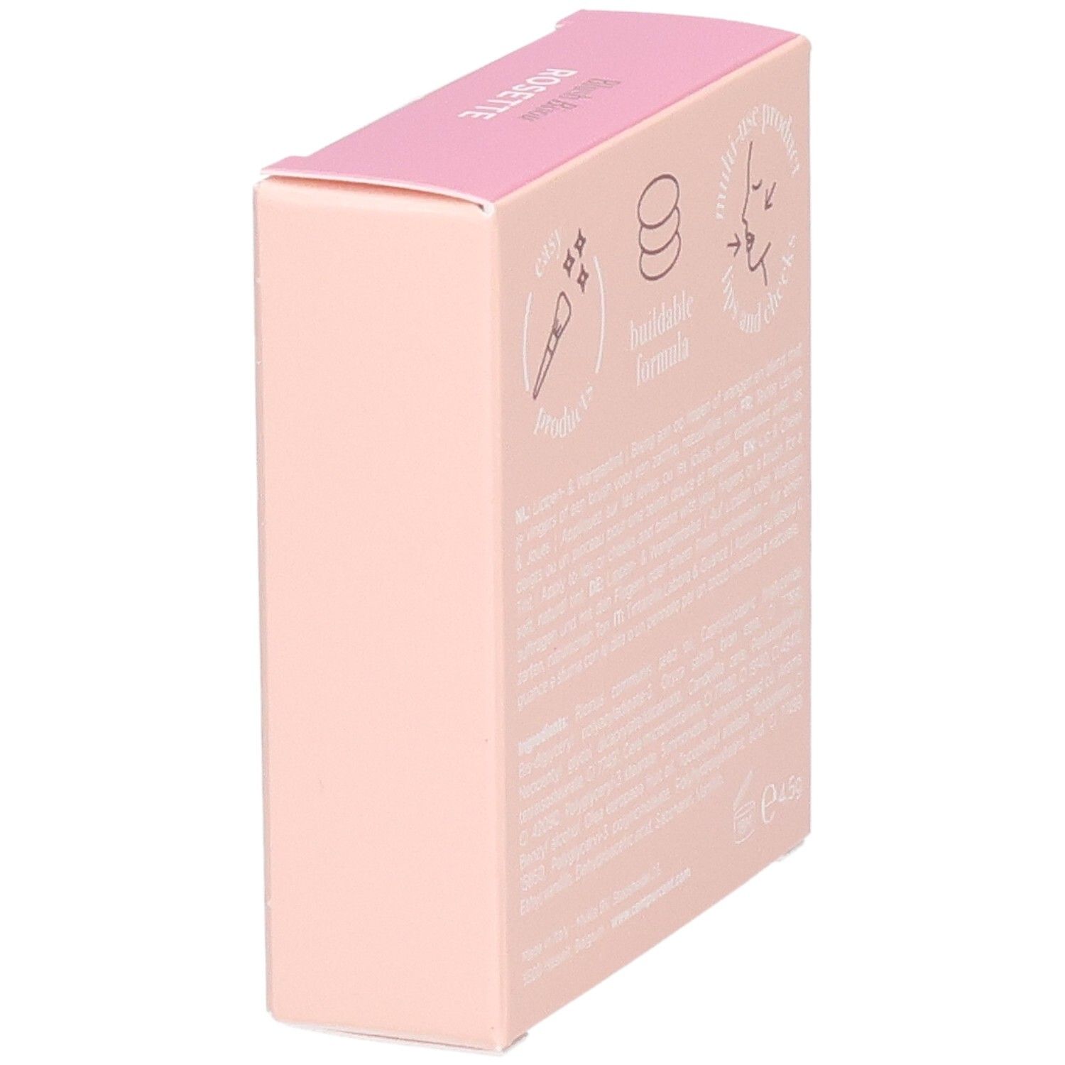 Emballage Cent Pur Cent Blush Bisou, vue latérale avec icônes d'application et ingrédients.