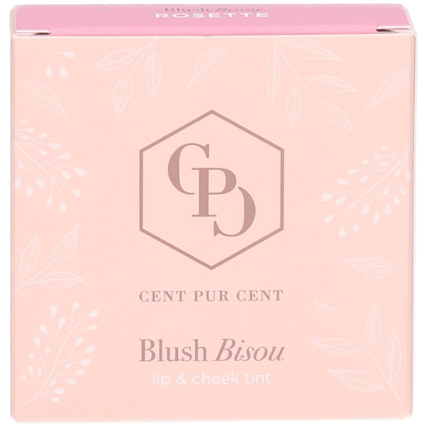 Cent Pur Cent Blush Bisou, teinte pour lèvres et joues, emballage rose à motifs de feuilles.