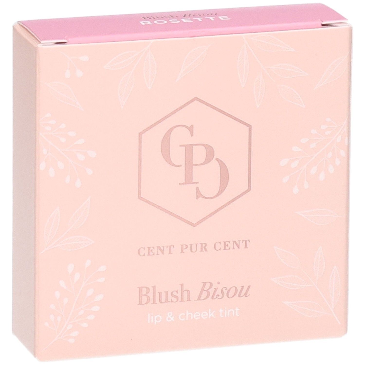 Cent Pur Cent Blush Bisou, teinte pour lèvres et joues, emballage rose à motifs de feuilles.