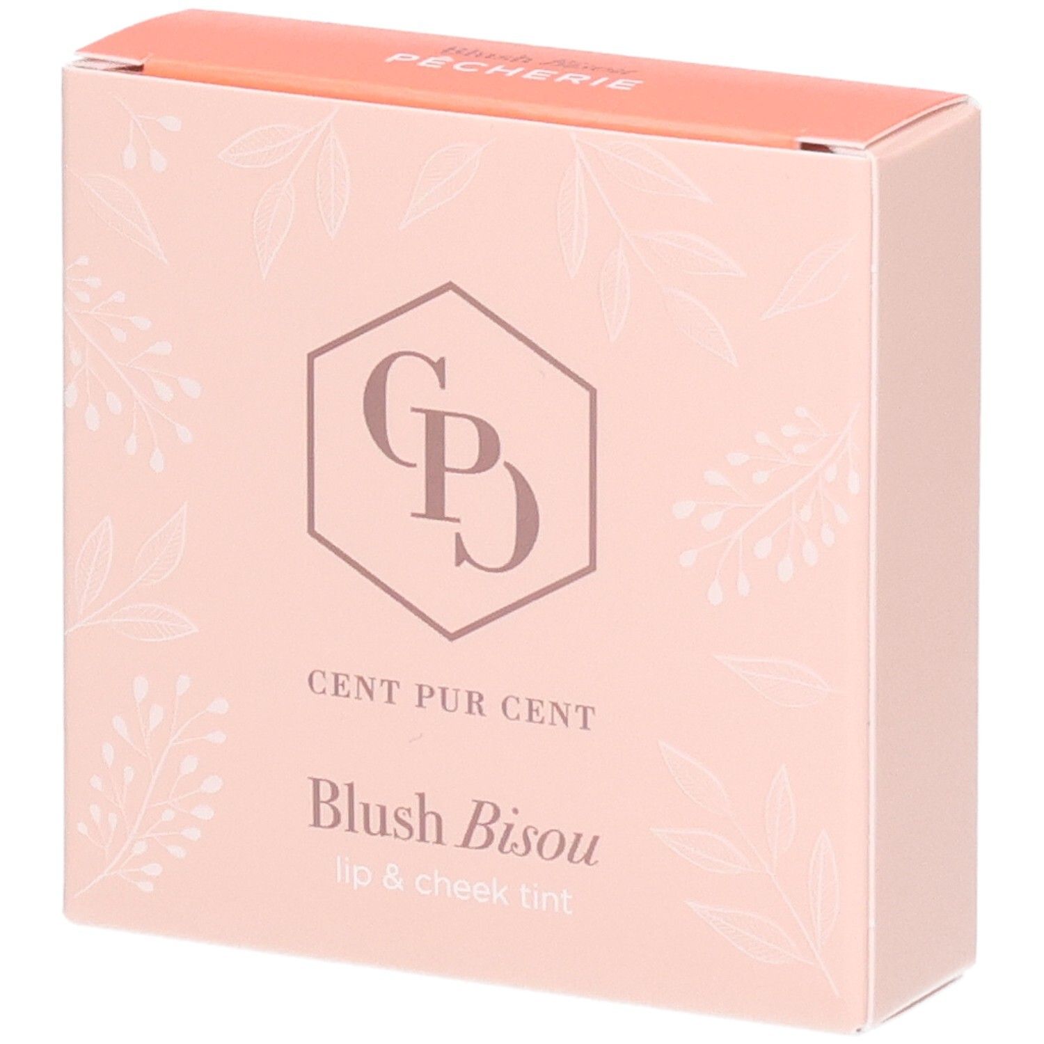Emballage Cent Pur Cent Blush Bisou, couleur pêche, avec motif floral.