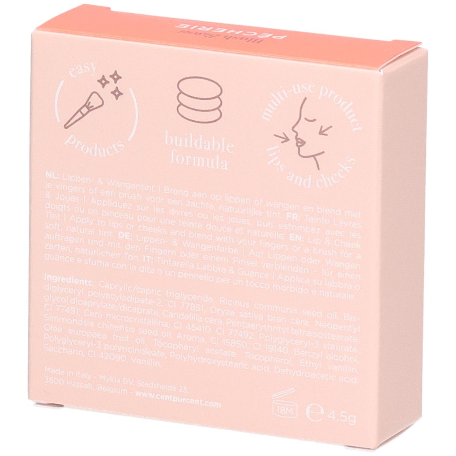Emballage Cent Pur Cent Blush Bisou, dos avec icônes d'application et ingrédients.