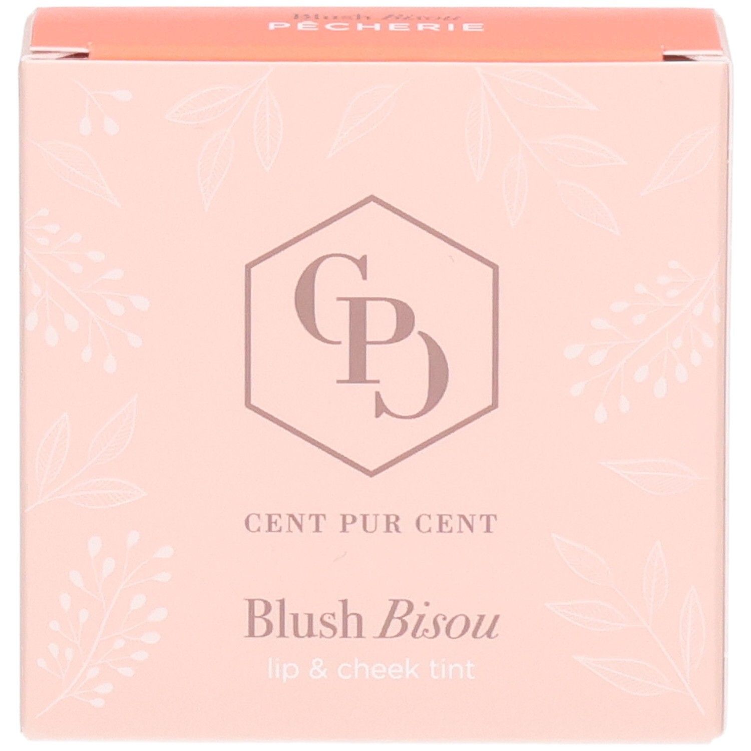 Emballage Cent Pur Cent Blush Bisou, face avant, couleur pêche, avec motif floral.
