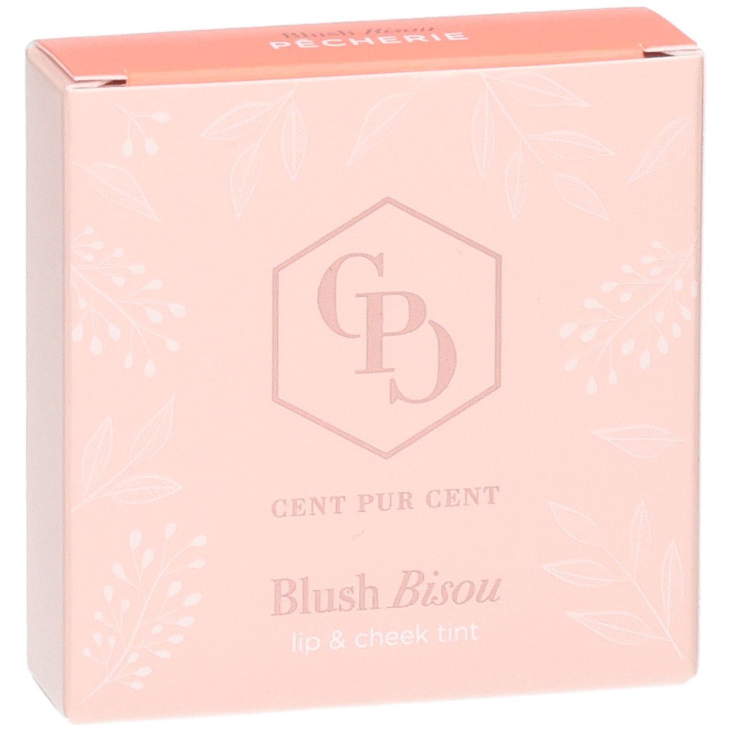 Emballage Cent Pur Cent Blush Bisou, face avant, couleur pêche, avec motif floral.