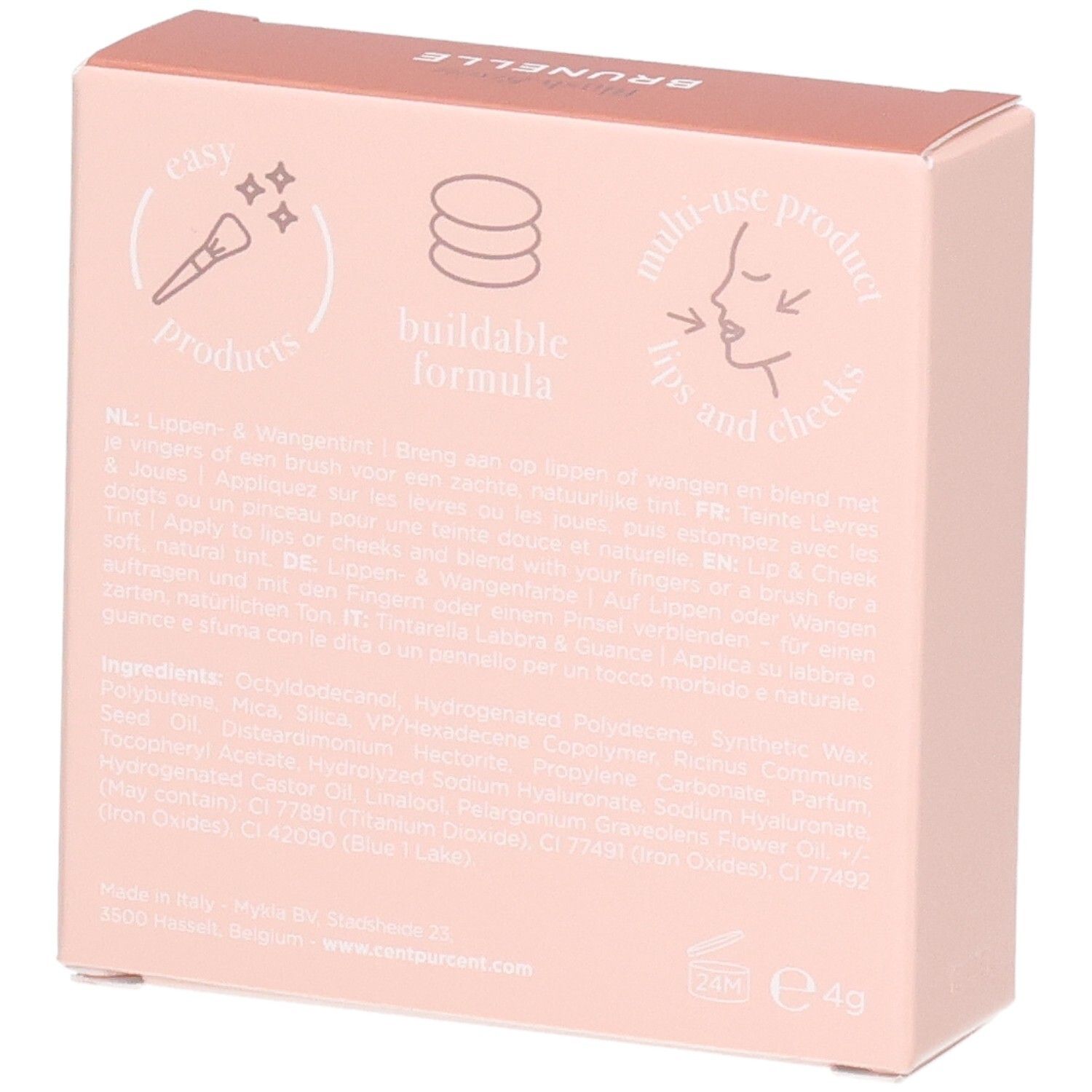 Emballage rose avec texte et icônes pour rouge à lèvres et joues.