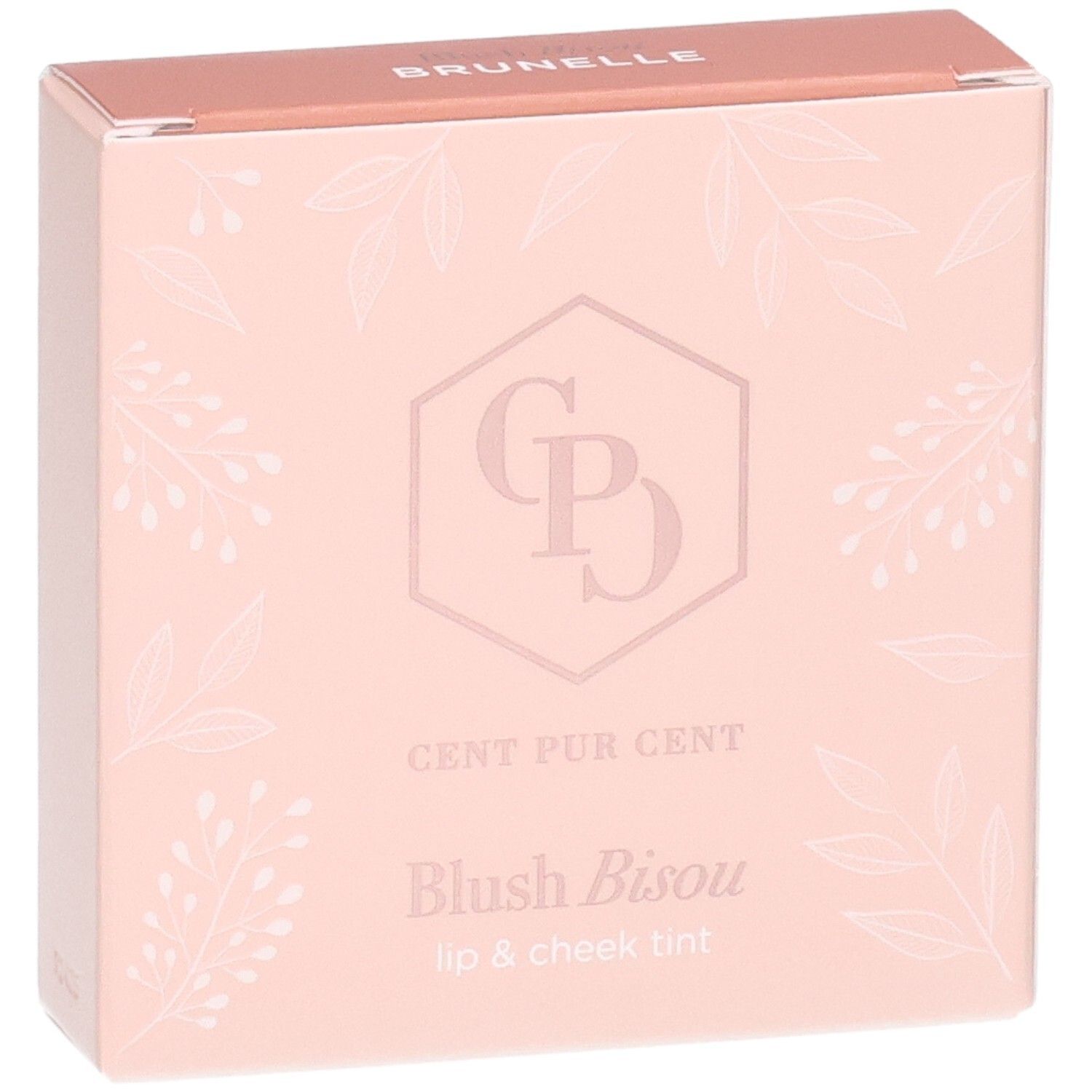 Emballage pour 'Blush Bisou' teinte lèvres et joues par CENT PUR CENT. Rose avec motif floral.
