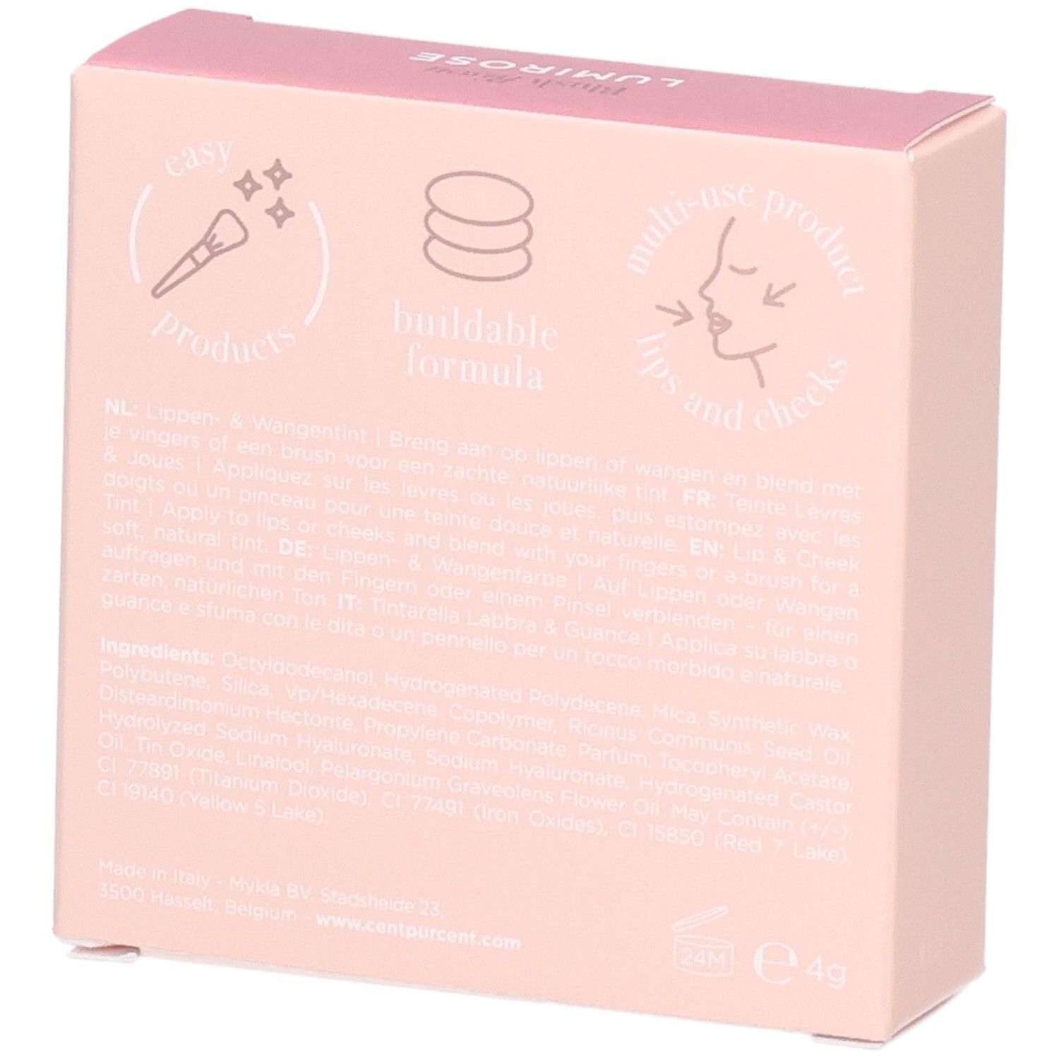 Dos de l'emballage Cent Pur Cent Blush Bisou avec instructions et ingrédients.