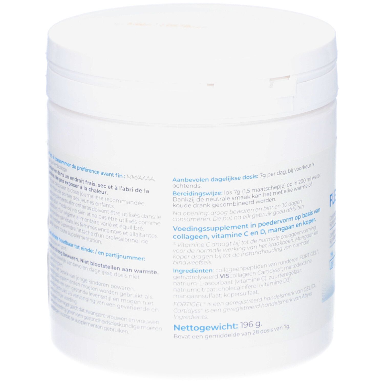 Pot blanc, dos avec texte. Informations sur les ingrédients et la valeur nutritionnelle. Poids net: 196g.