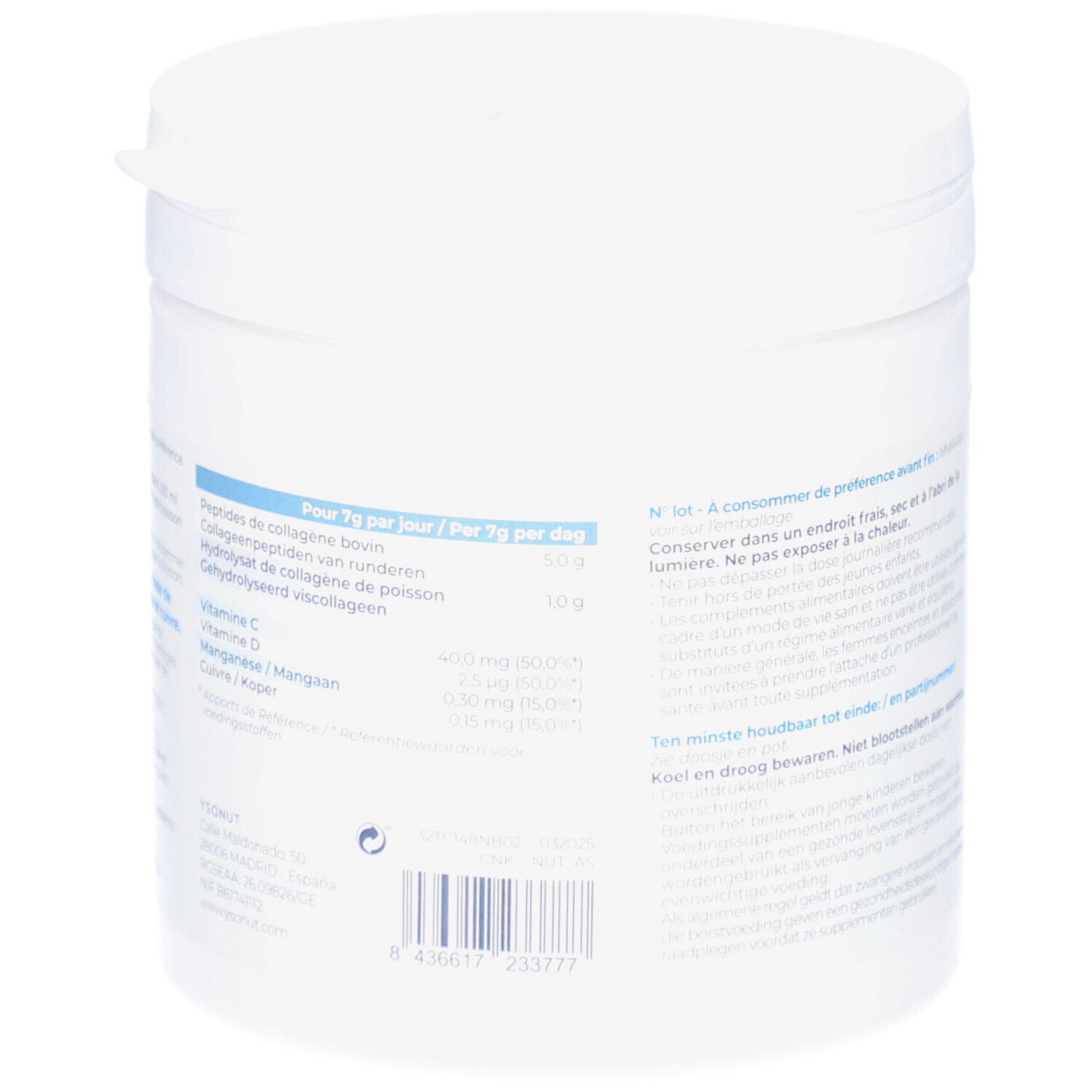 Pot blanc, dos avec texte. Informations sur les ingrédients et la valeur nutritionnelle. Code-barres.