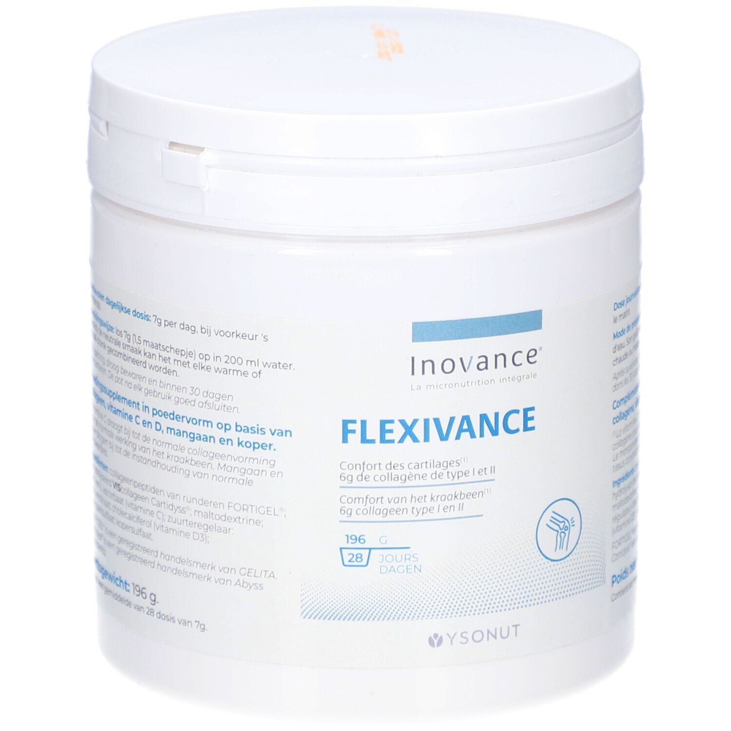 Pot blanc avec couvercle bleu. Inovance Flexivance. Contient 196g. Pour 28 jours.