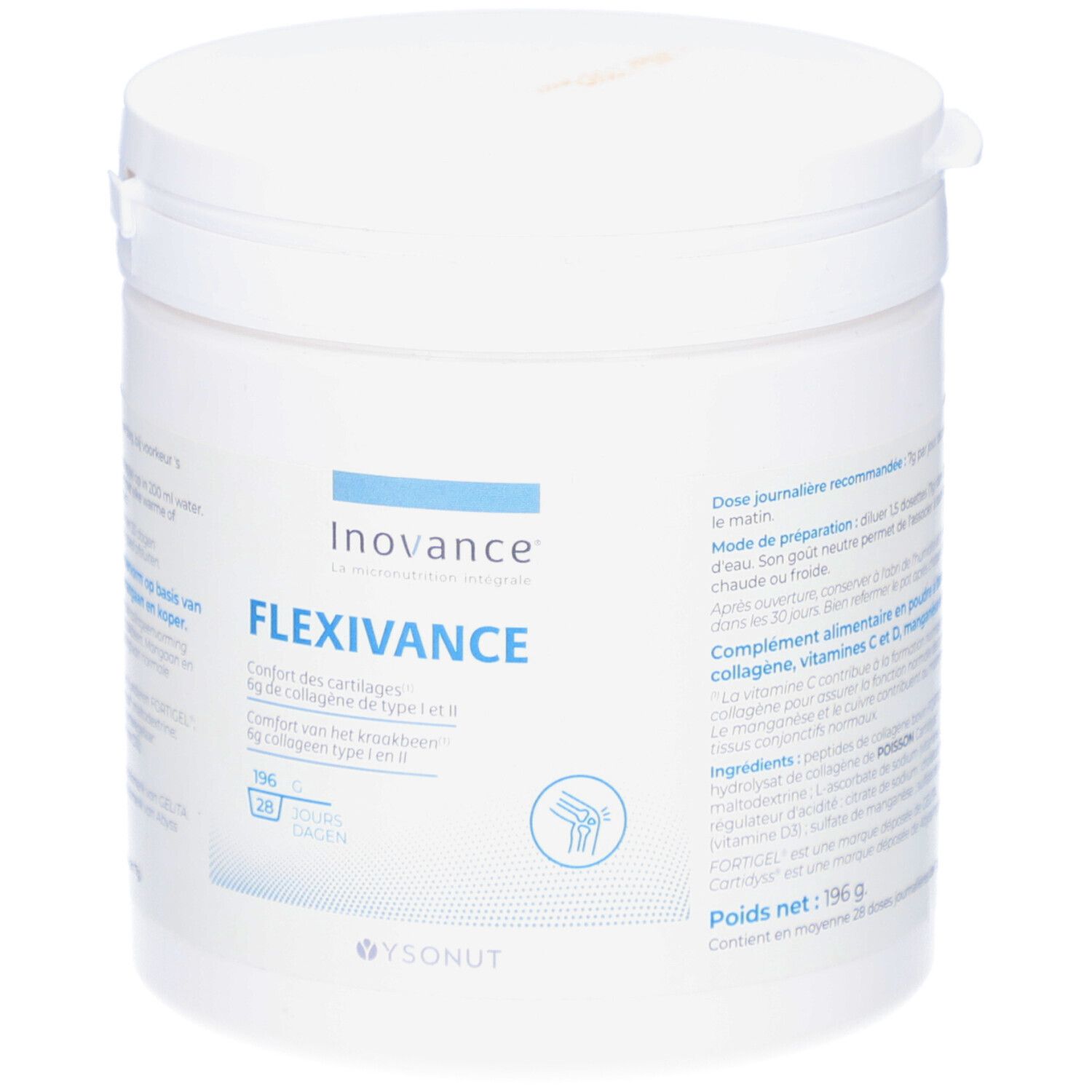 Pot blanc avec couvercle bleu. Inovance Flexivance. Contient 196g. Pour 28 jours.