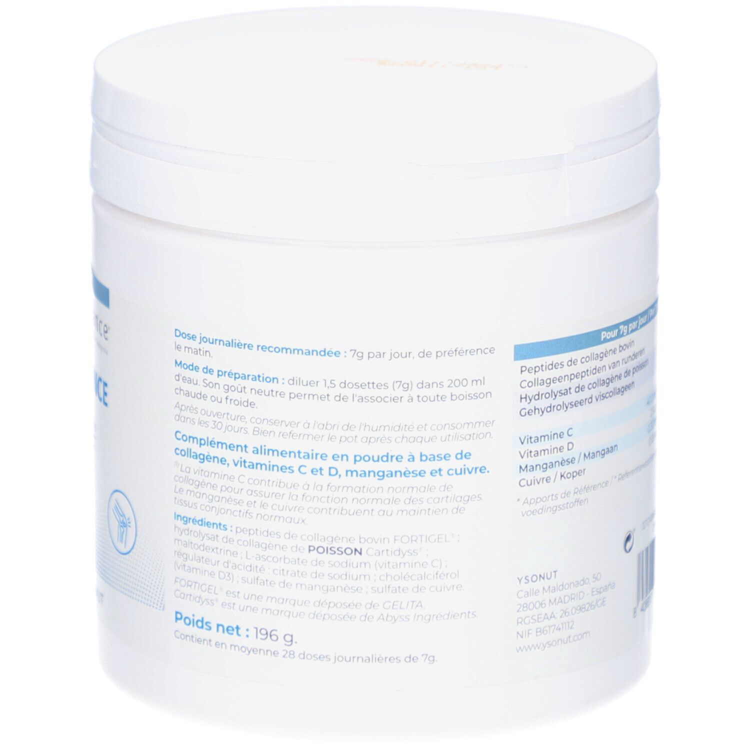 Pot blanc, dos avec texte. Informations sur les ingrédients et la valeur nutritionnelle. Poids net: 196g.