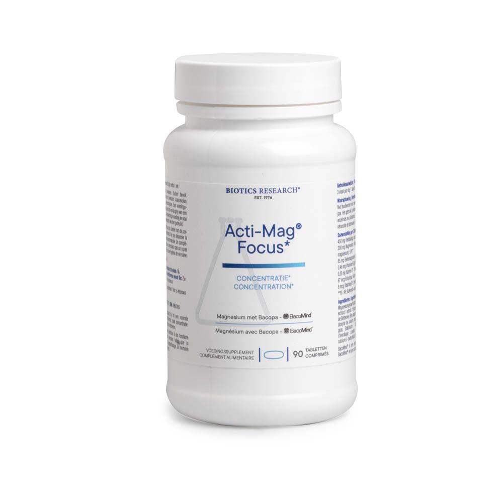 Flacon blanc Acti-Mag Focus, Biotics Research. 90 comprimés. Formule concentration.