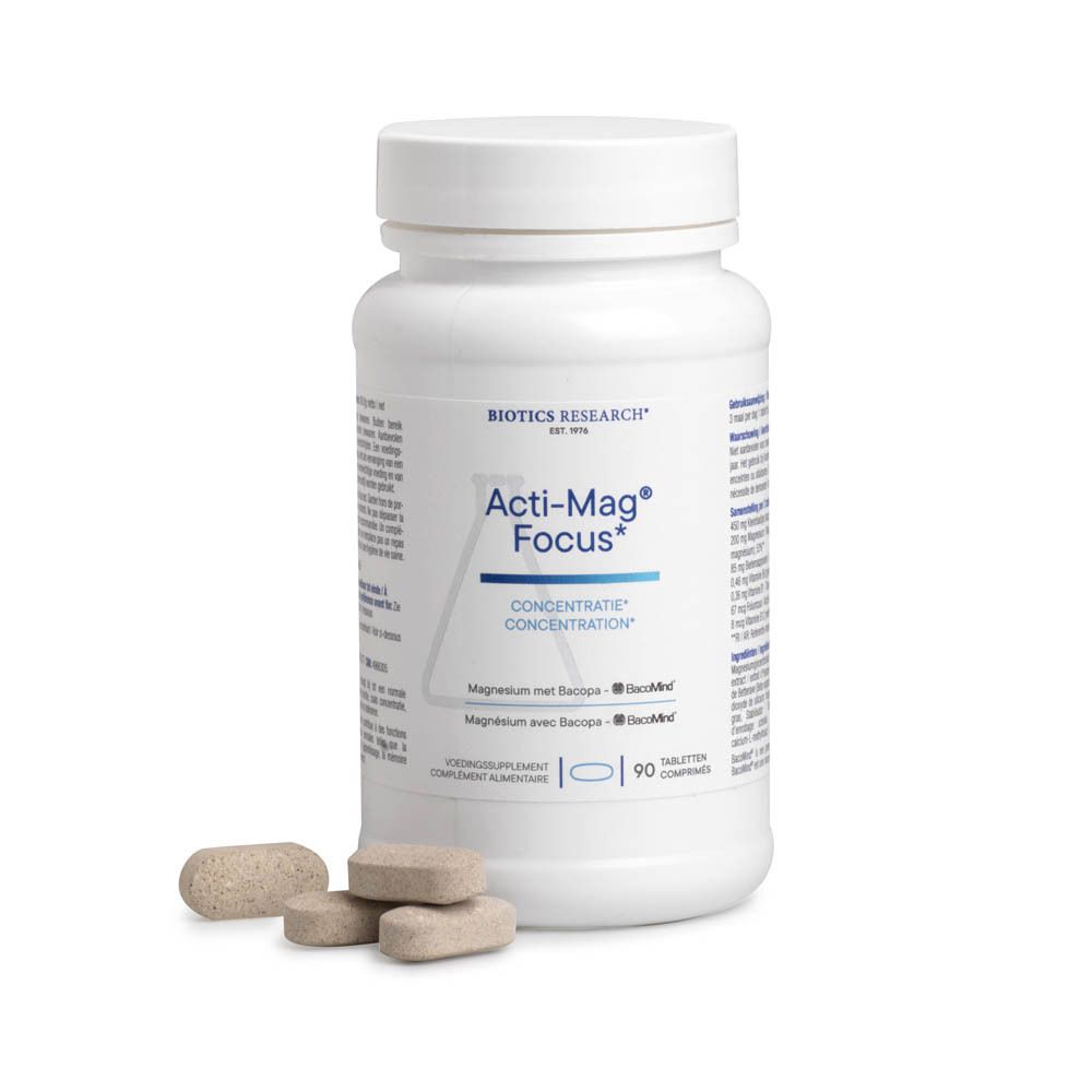 Flacon blanc Acti-Mag Focus, Biotics Research. 90 comprimés. Formule concentration.