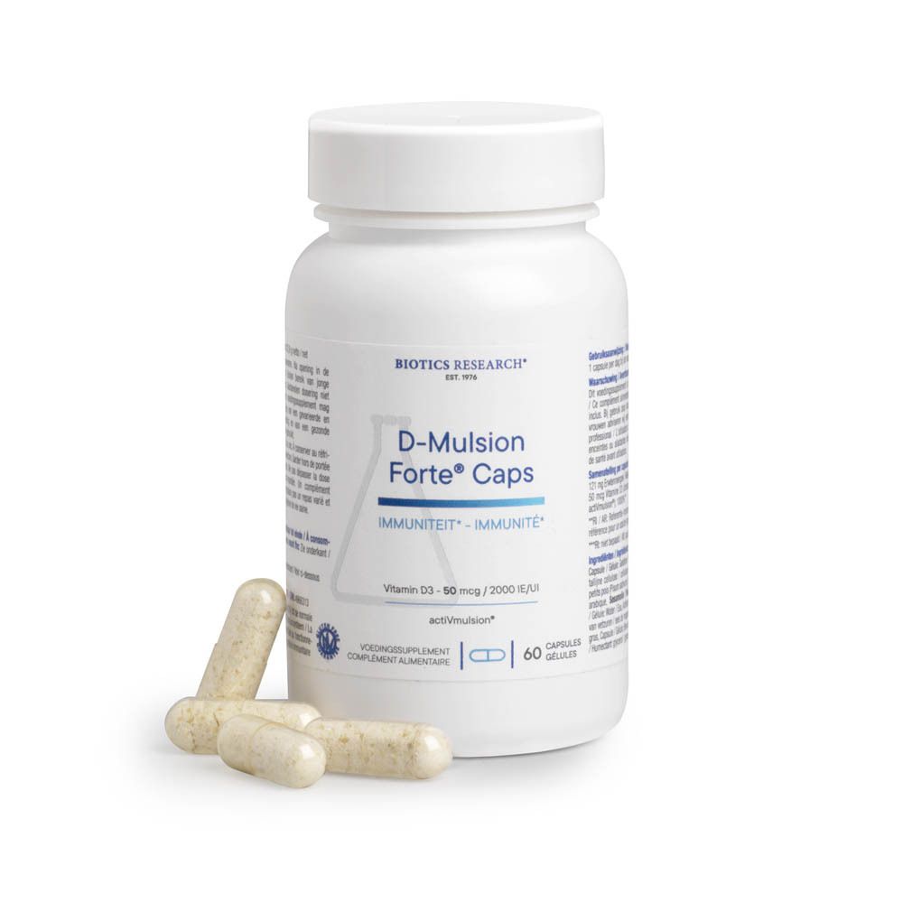 Flacon blanc de capsules. Inscription: Biotics Research, D-Mulsion Forte Caps, vitamine D3. 60 capsules.