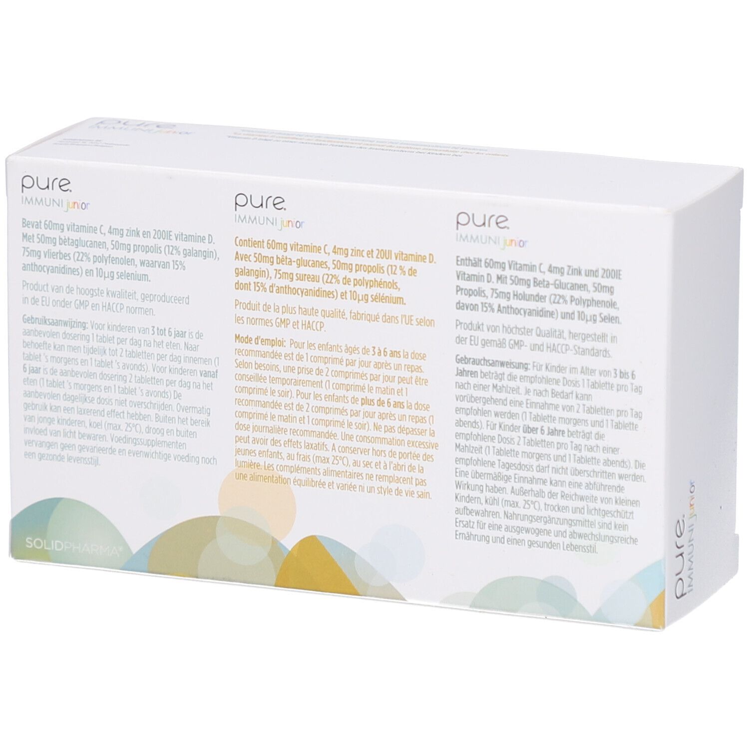 Dos de la boîte avec informations sur le produit. Texte en plusieurs langues. Inscription : pure IMMUNI junior.