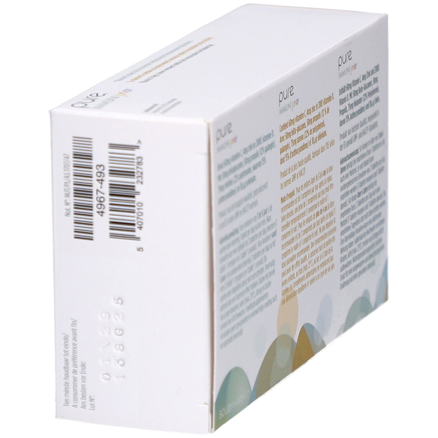 Boîte, vue latérale. Code-barres et informations sur le produit. Inscription : pure IMMUNI junior.