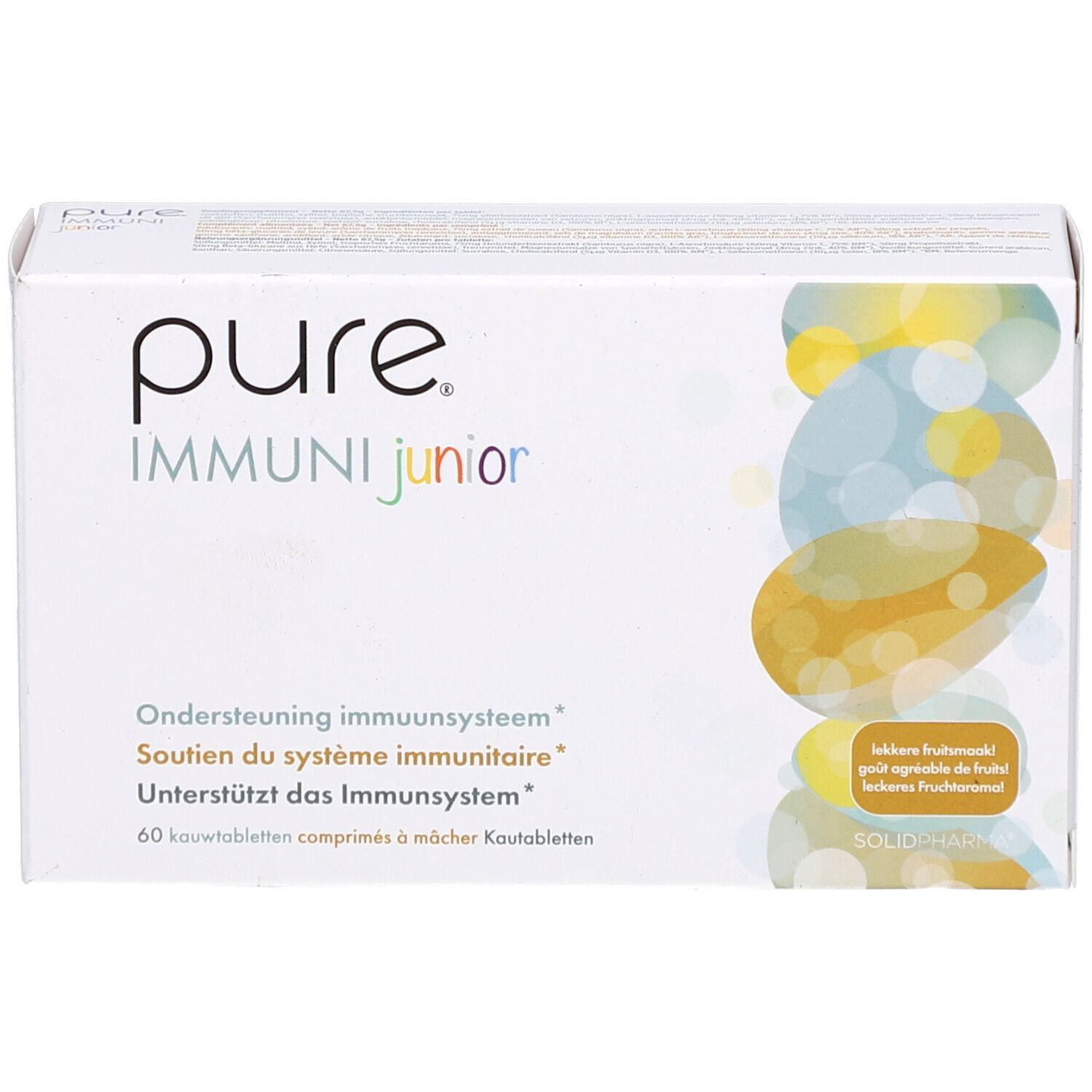 Boîte blanche avec impression du produit. Inscription : pure IMMUNI junior. 60 comprimés à mâcher. Soutien immunitaire.