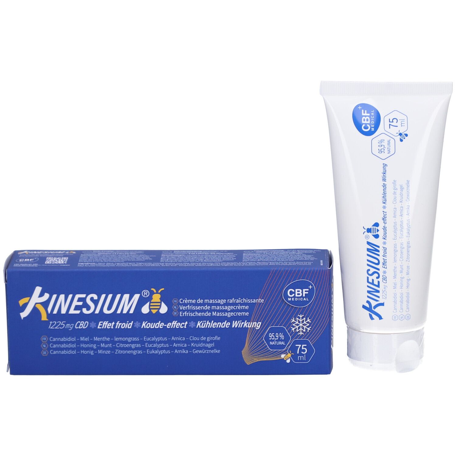 Tube et boîte Kinesium. Boîte avec logo, ingrédients, 75 ml, 95,9% naturel. Effet froid.