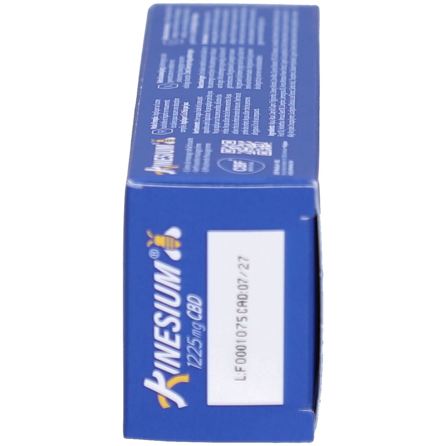 Boîte bleue, vue latérale. Logo Kinesium, 1225mg CBD, numéro de lot et date d'expiration 07/27.