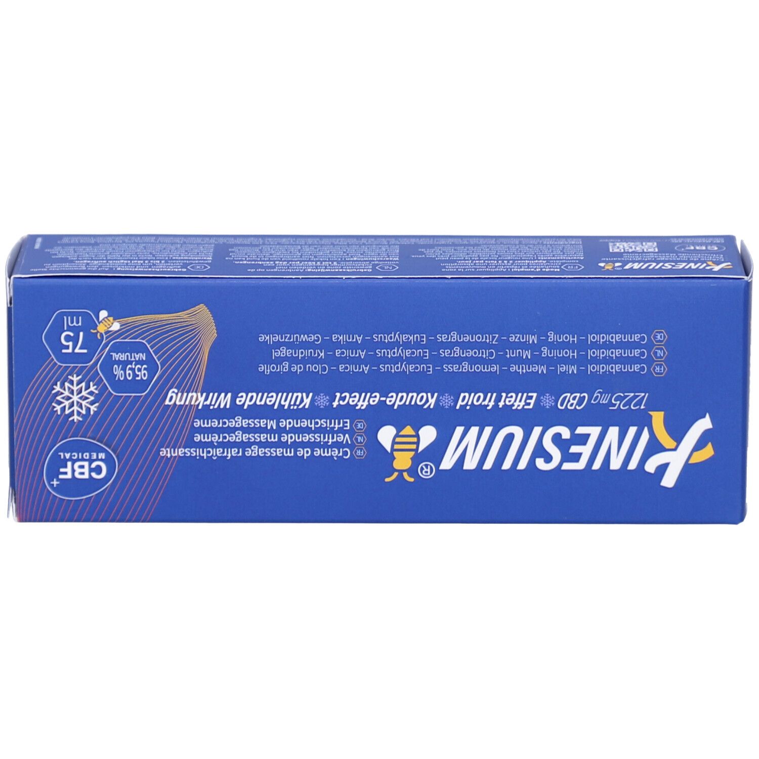 Boîte bleue Kinesium, 1225mg CBD, ingrédients, 75 ml, 95,9% naturel. Effet froid.