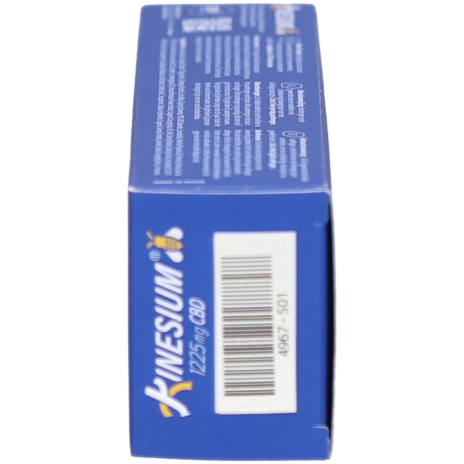 Boîte bleue, vue latérale. Logo Kinesium, 1225mg CBD, code produit 4967-501.