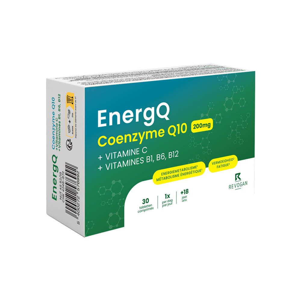 Boîte EnergQ Coenzyme Q10 200mg, vitamine C et vitamines B. Contient 30 comprimés. Revogan.