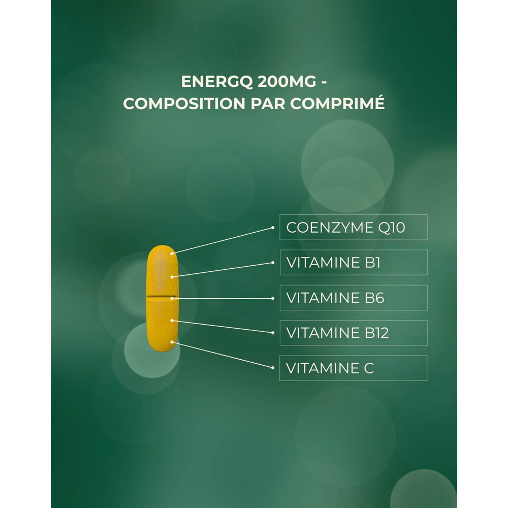 Graphique avec un comprimé et des informations sur EnergQ Coenzyme Q10 200mg. Contient Vitamine C, B1, B6, B12.