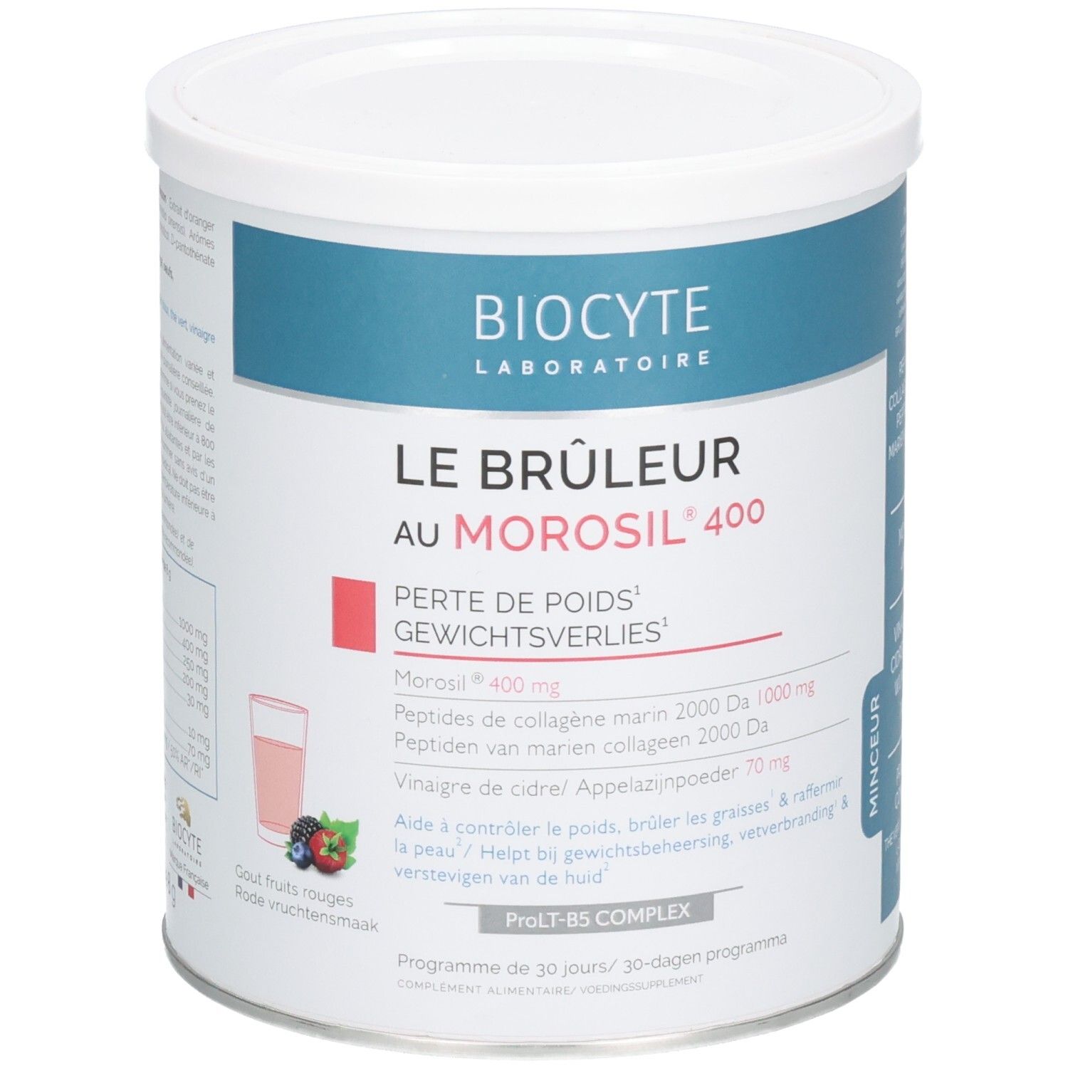 Boîte blanche avec couvercle bleu. Inscription : Biocyte, Le Bruleur au Morosil 400. Contient des ingrédients et un schéma.