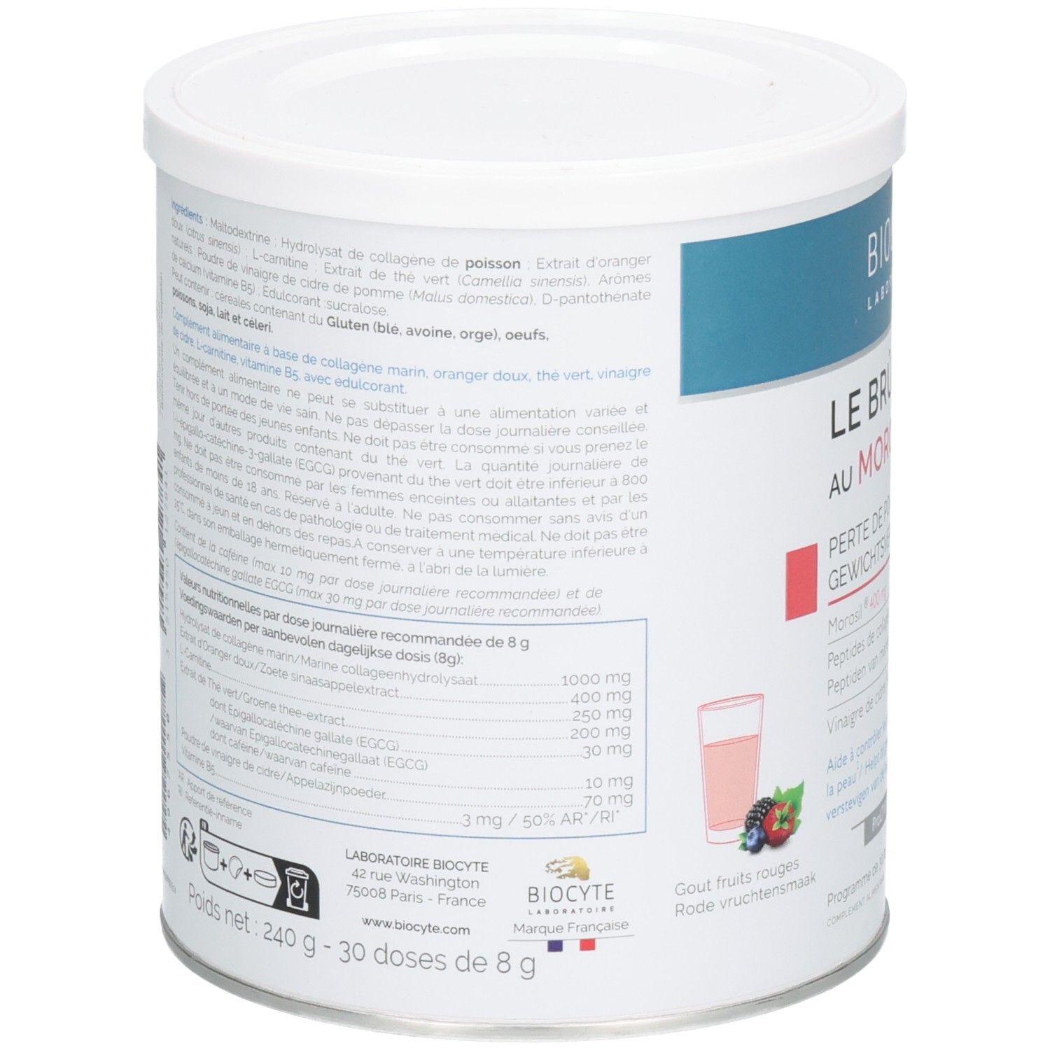 Dos de la boîte blanche. Contient la liste des ingrédients, les informations nutritionnelles et les instructions d'utilisation.