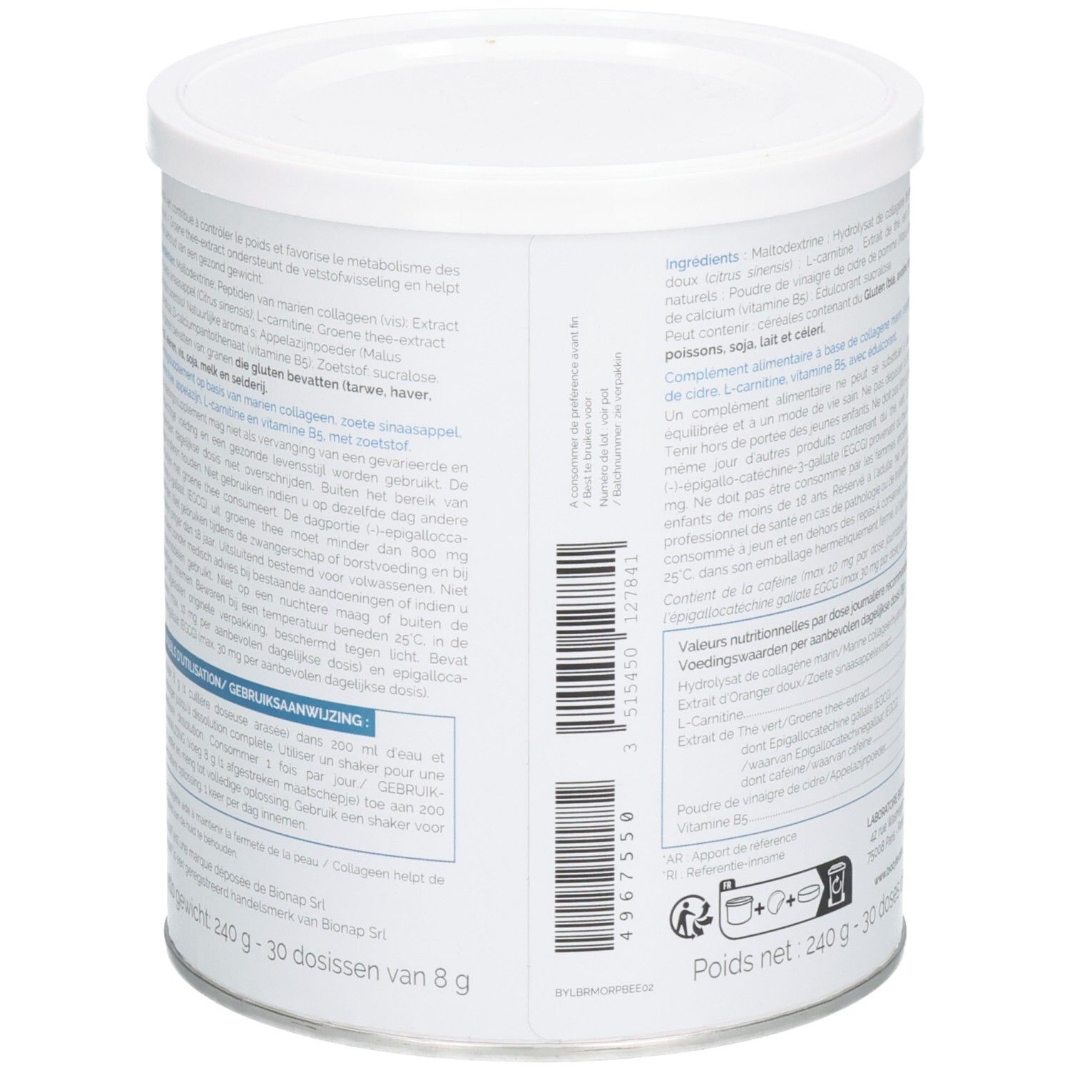 Dos de la boîte blanche. Contient la liste des ingrédients, les informations nutritionnelles et les instructions d'utilisation.