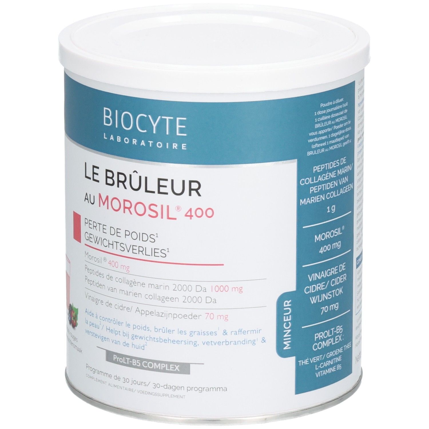 Boîte blanche avec couvercle bleu. Inscription : Biocyte, Le Bruleur au Morosil 400. Contient des ingrédients et un schéma.
