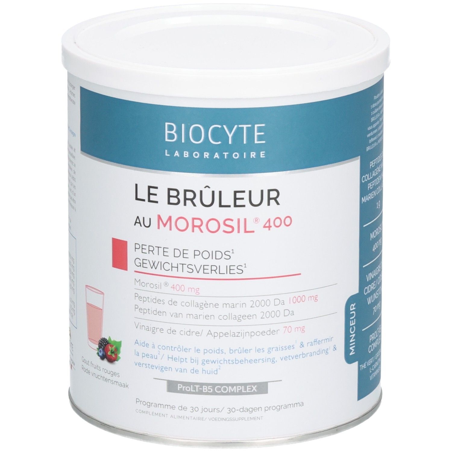 Boîte blanche avec couvercle bleu. Inscription : Biocyte, Le Bruleur au Morosil 400. Contient des ingrédients et un schéma.