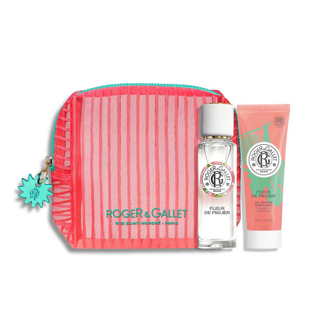 Trousse Été Fleur De Figuier Roger & Gallet : pochette, eau de toilette et crème pour les mains.