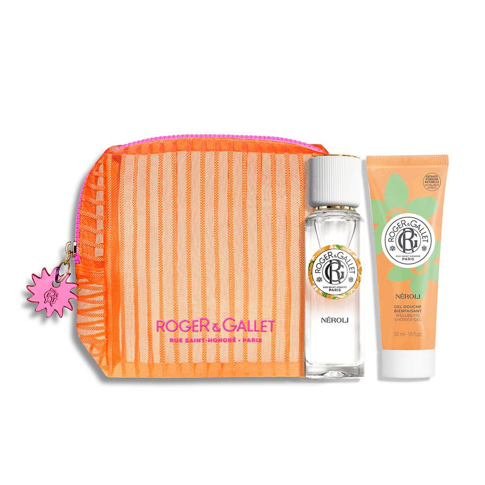 Trousse de toilette en filet orange zippée, contenant des produits cosmétiques. Inclut une brochure.